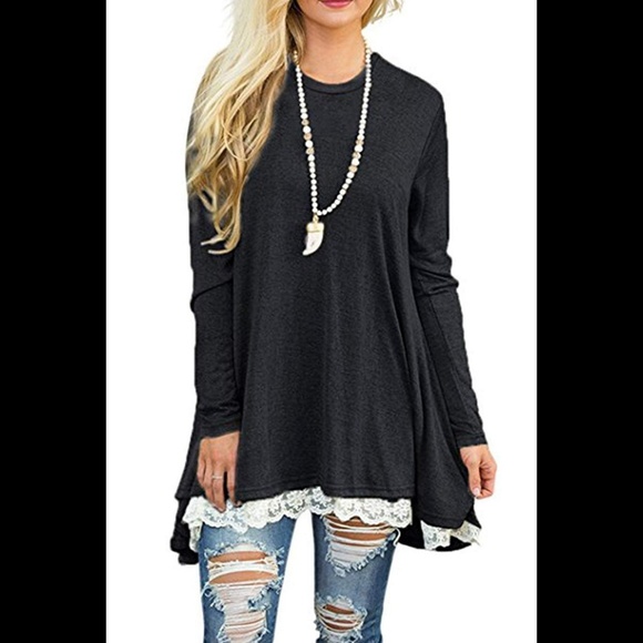 Tops - 5 ⭐rate black lace hem ruffle long sleeve tunic